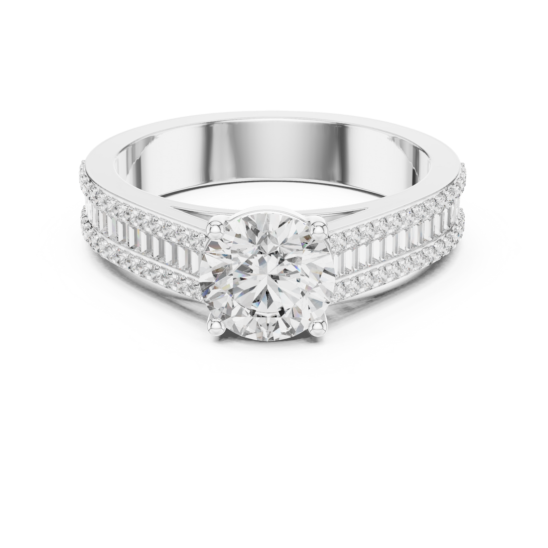 Round Cut Diamond Solitaire Ring with Baguette and Pavé Band