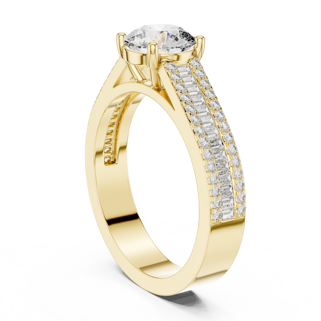 Round Cut Diamond Solitaire Ring with Baguette and Pavé Band