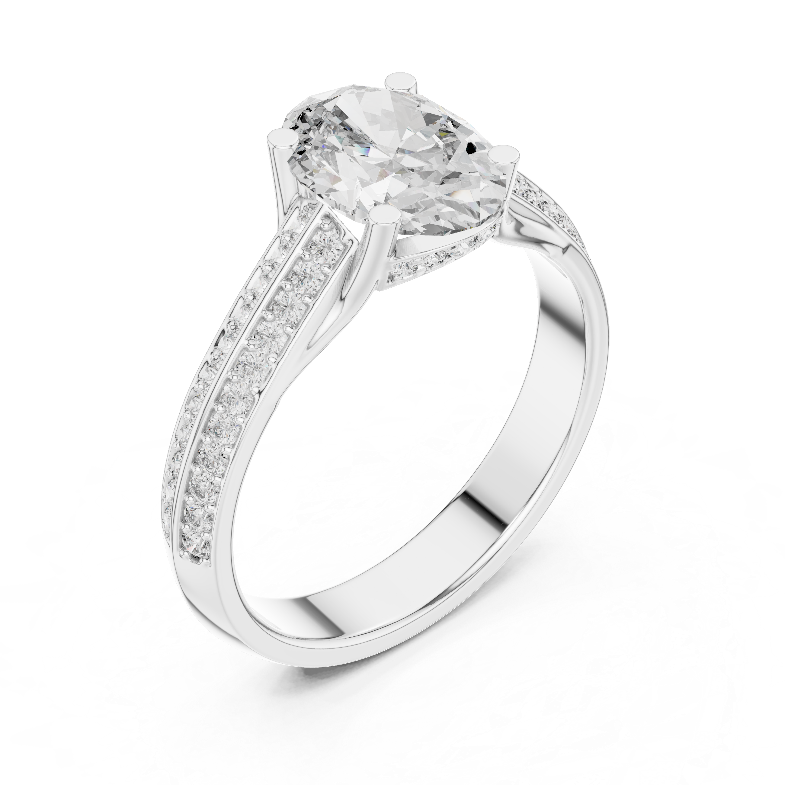 Oval Cut Diamond Split Shank Pavé Engagement Ring with Hidden Halo Elegance