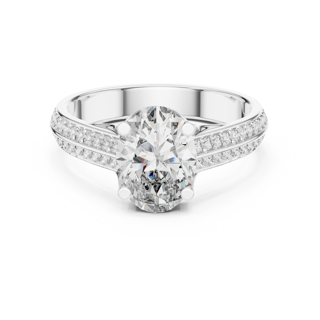 Oval Cut Diamond Split Shank Pavé Engagement Ring with Hidden Halo Elegance