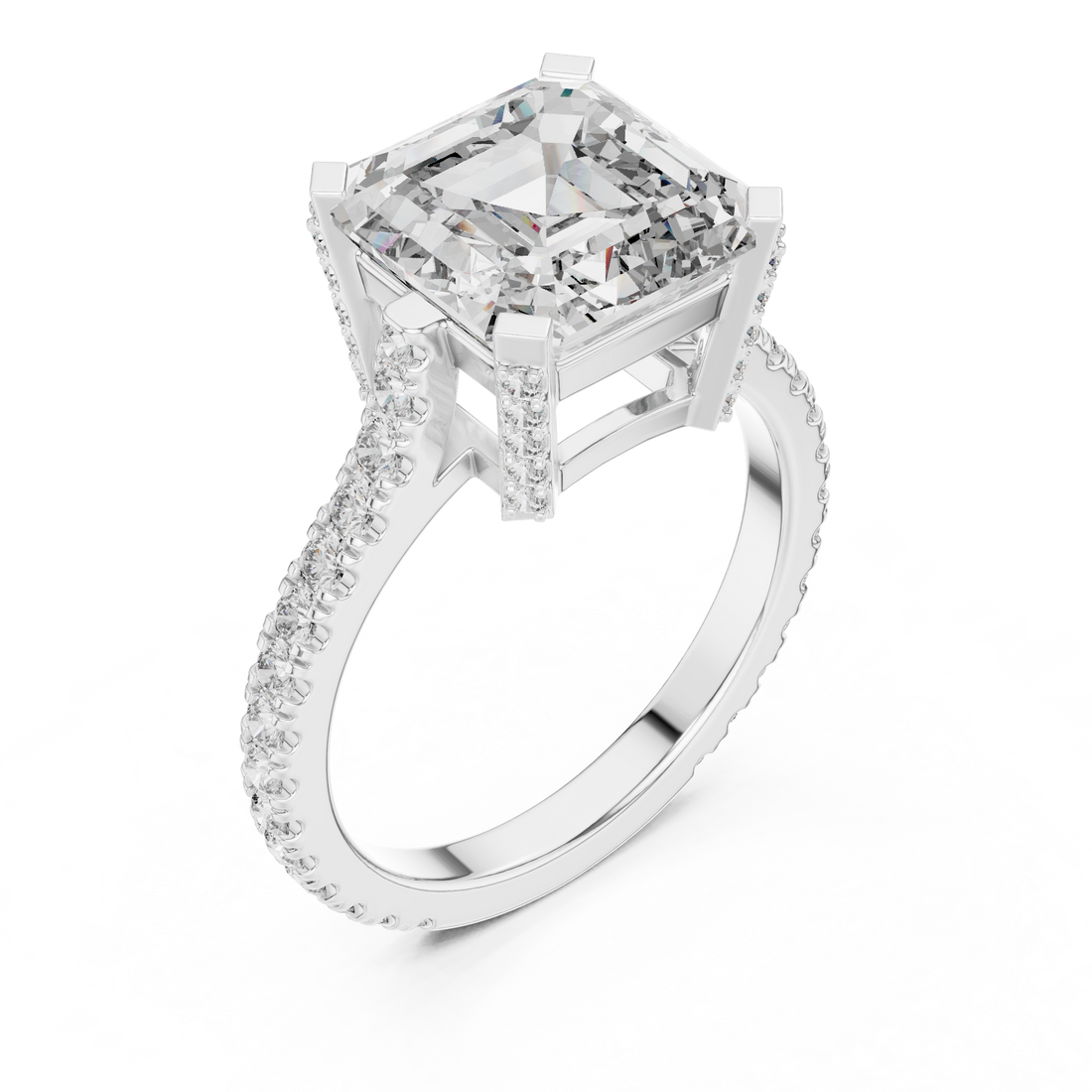 Asscher Cut Diamond Solitaire Engagement Ring with Pavé Diamond Band