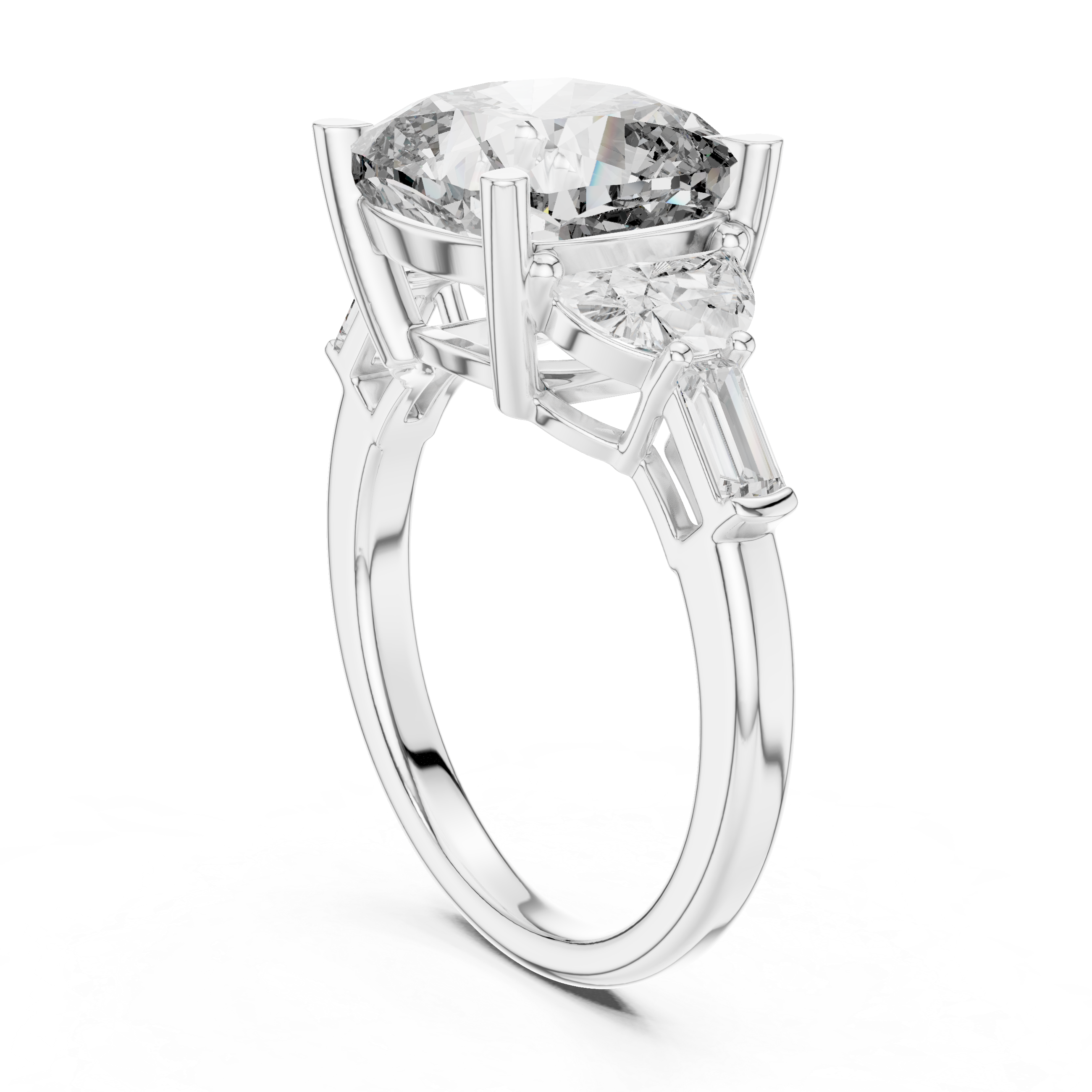 Cushion Cut Diamond Three Stone Engagement Ring with Half Moon and Baguette Accents