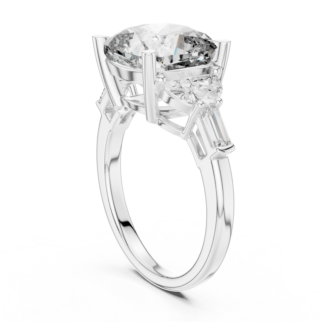 Cushion Cut Diamond Three Stone Engagement Ring with Half Moon and Baguette Accents