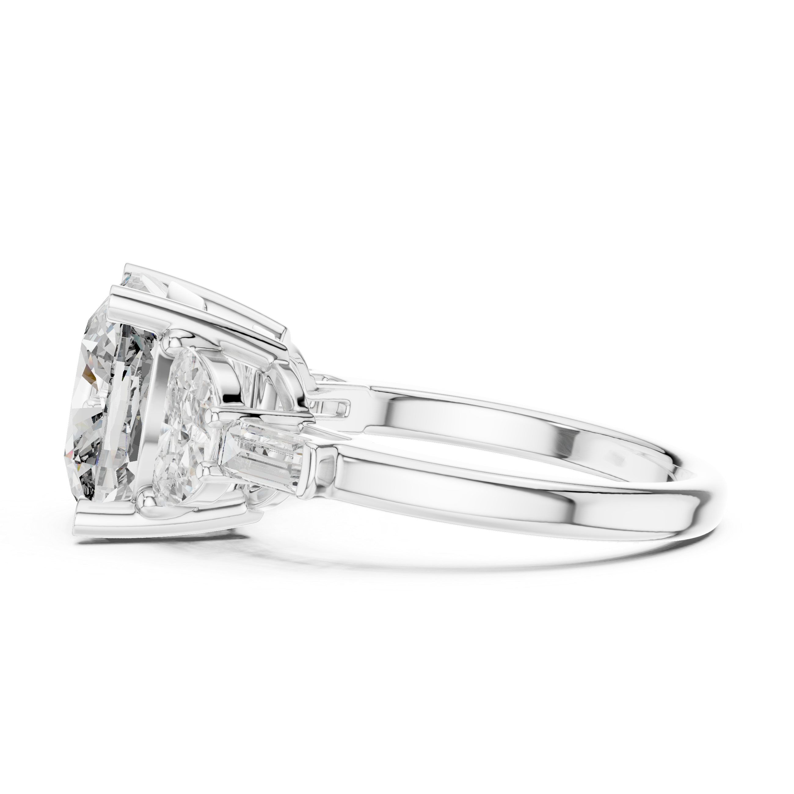 Cushion Cut Diamond Three Stone Engagement Ring with Half Moon and Baguette Accents