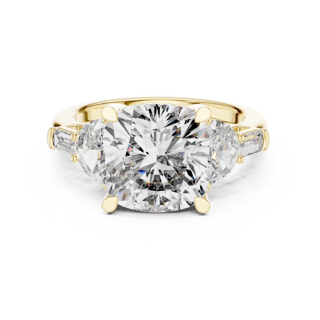 Cushion Cut Diamond Three Stone Engagement Ring with Half Moon and Baguette Accents