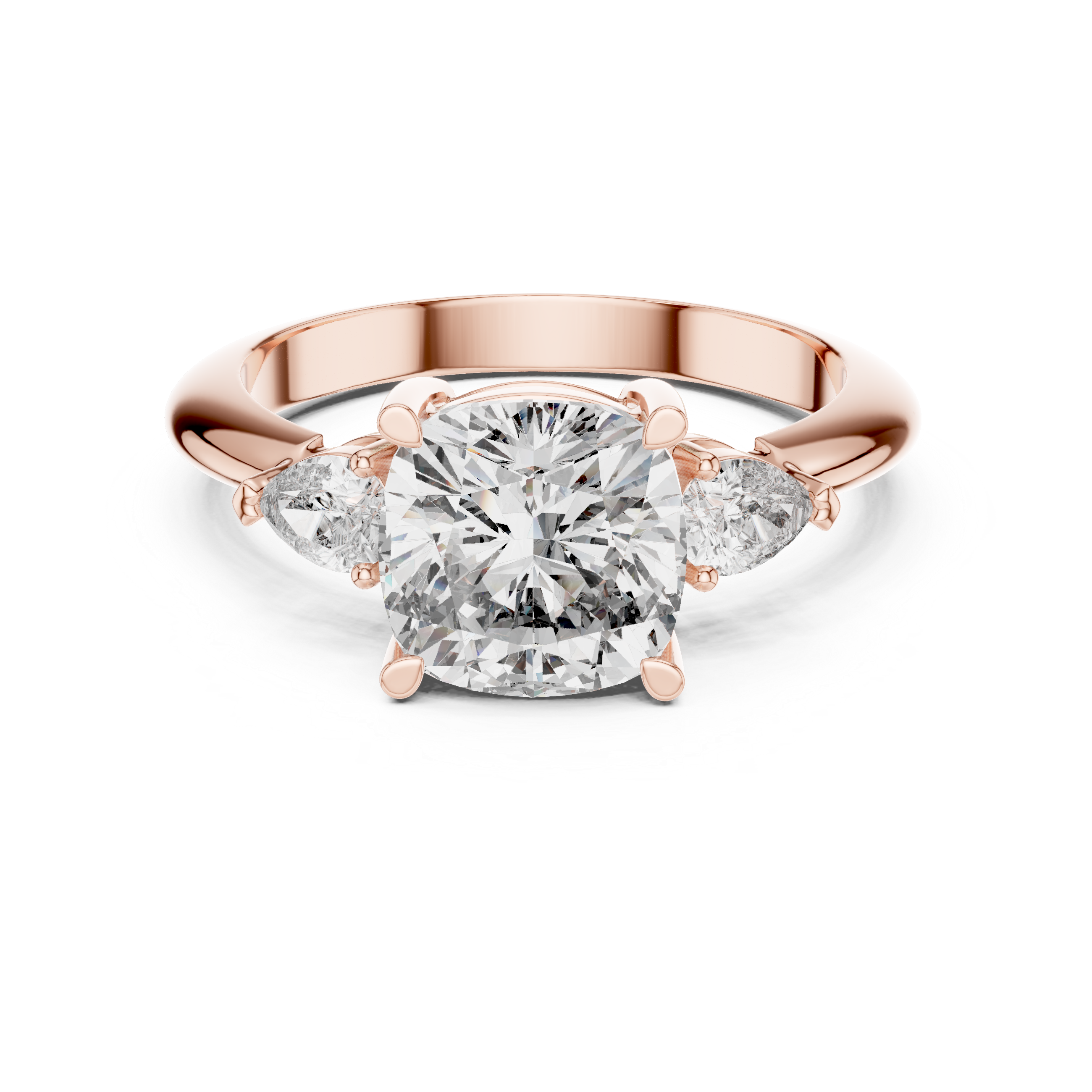 Cushion Square Cut Diamond Three Stone Ring with Pear Side Diamonds