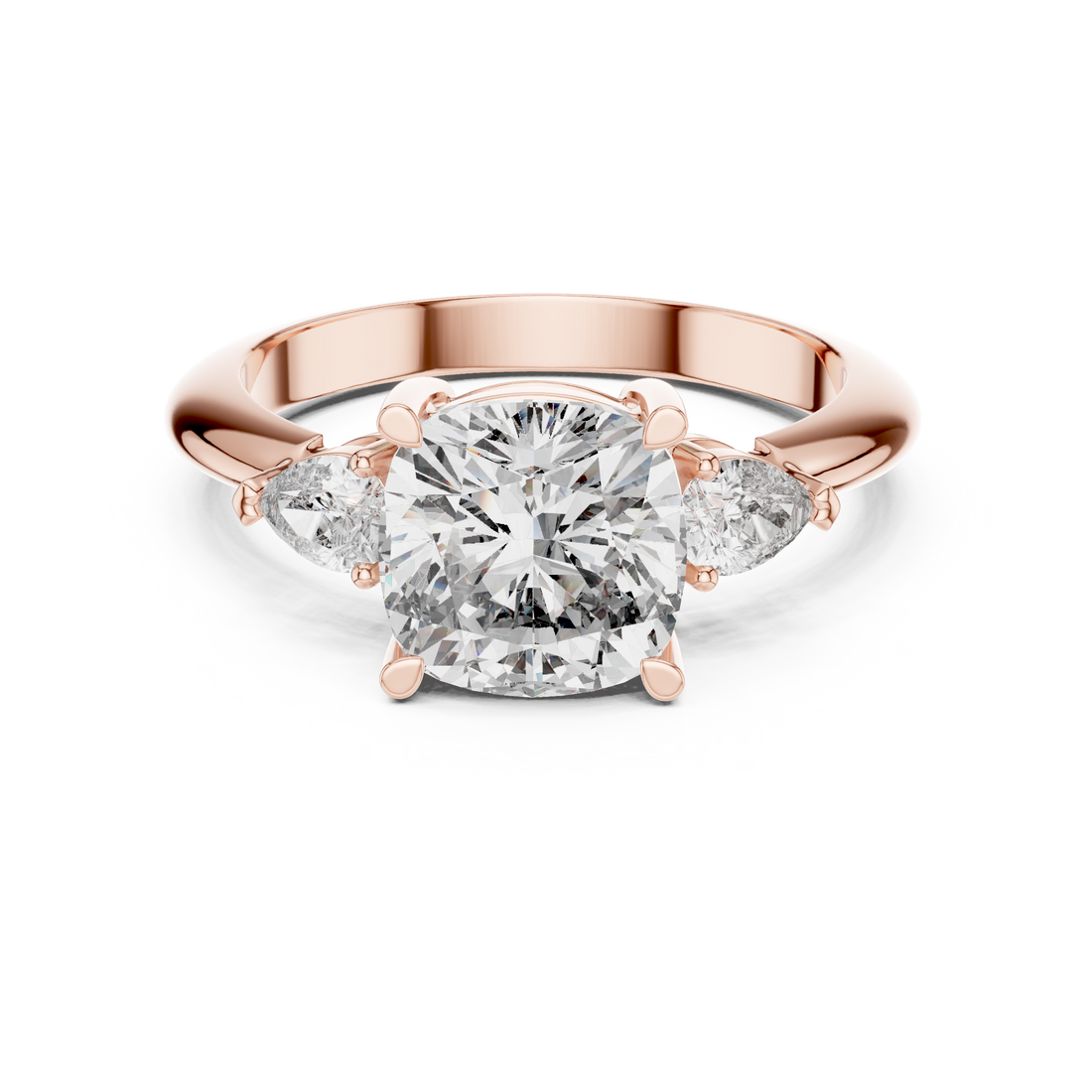 Cushion Square Cut Diamond Three Stone Ring with Pear Side Diamonds