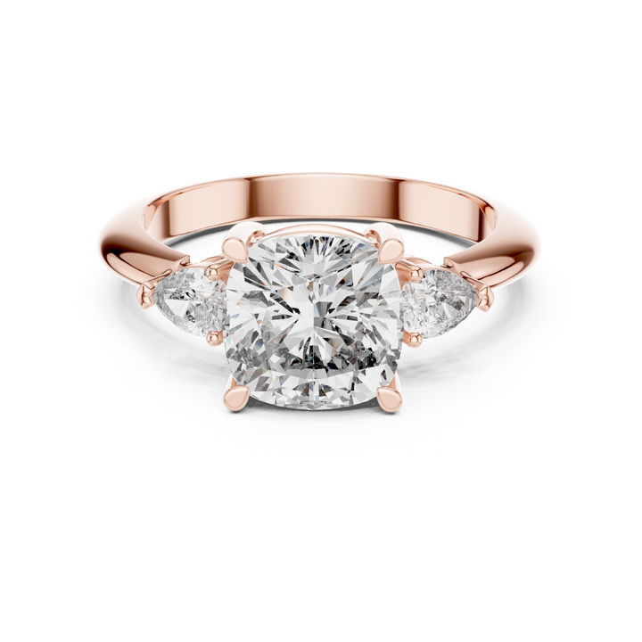 Cushion Square Cut Diamond Three Stone Ring with Pear Side Diamonds