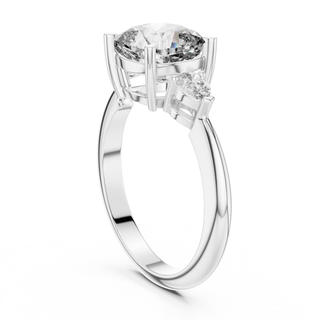Cushion Square Cut Diamond Three Stone Ring with Pear Side Diamonds