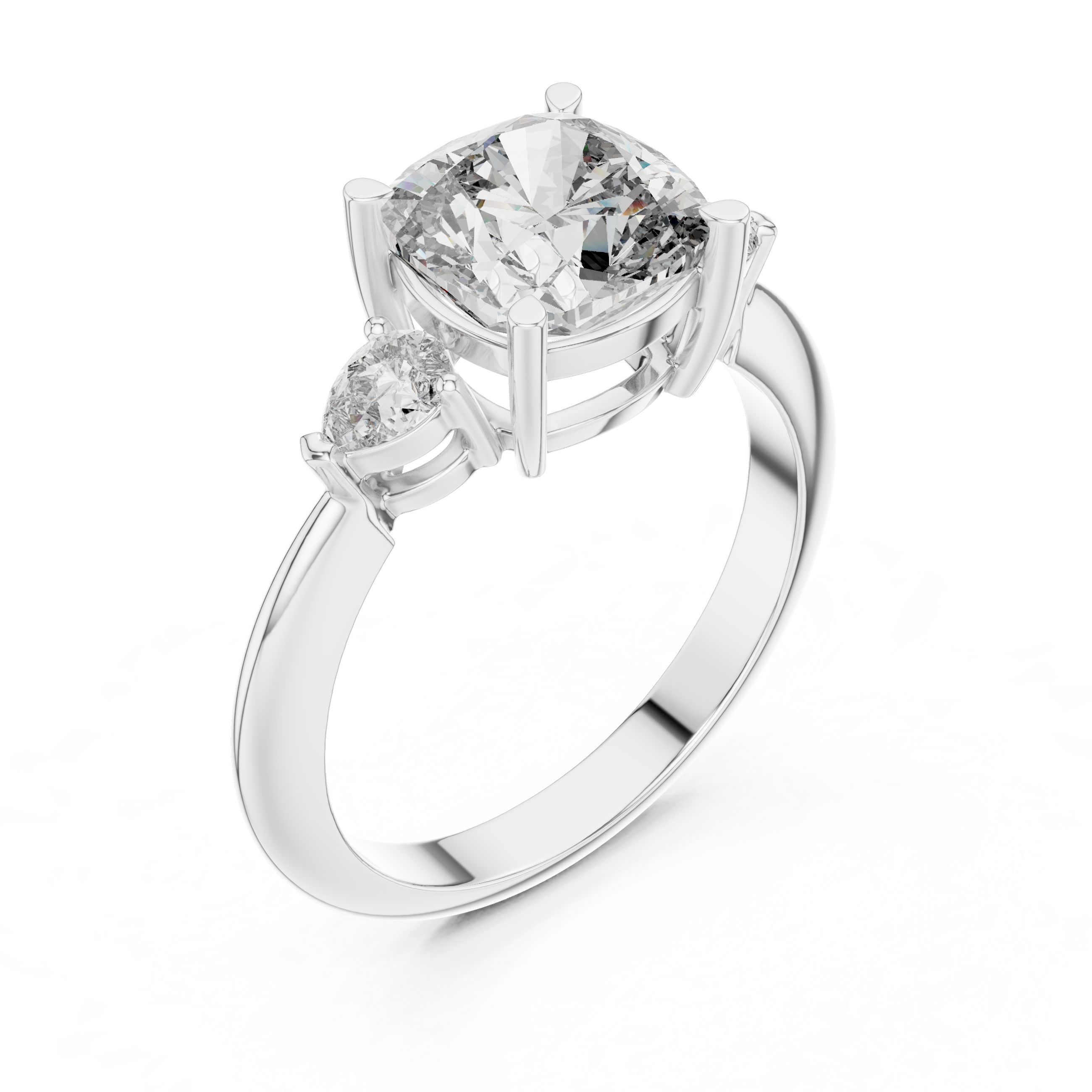 Cushion Square Cut Diamond Three Stone Ring with Pear Side Diamonds