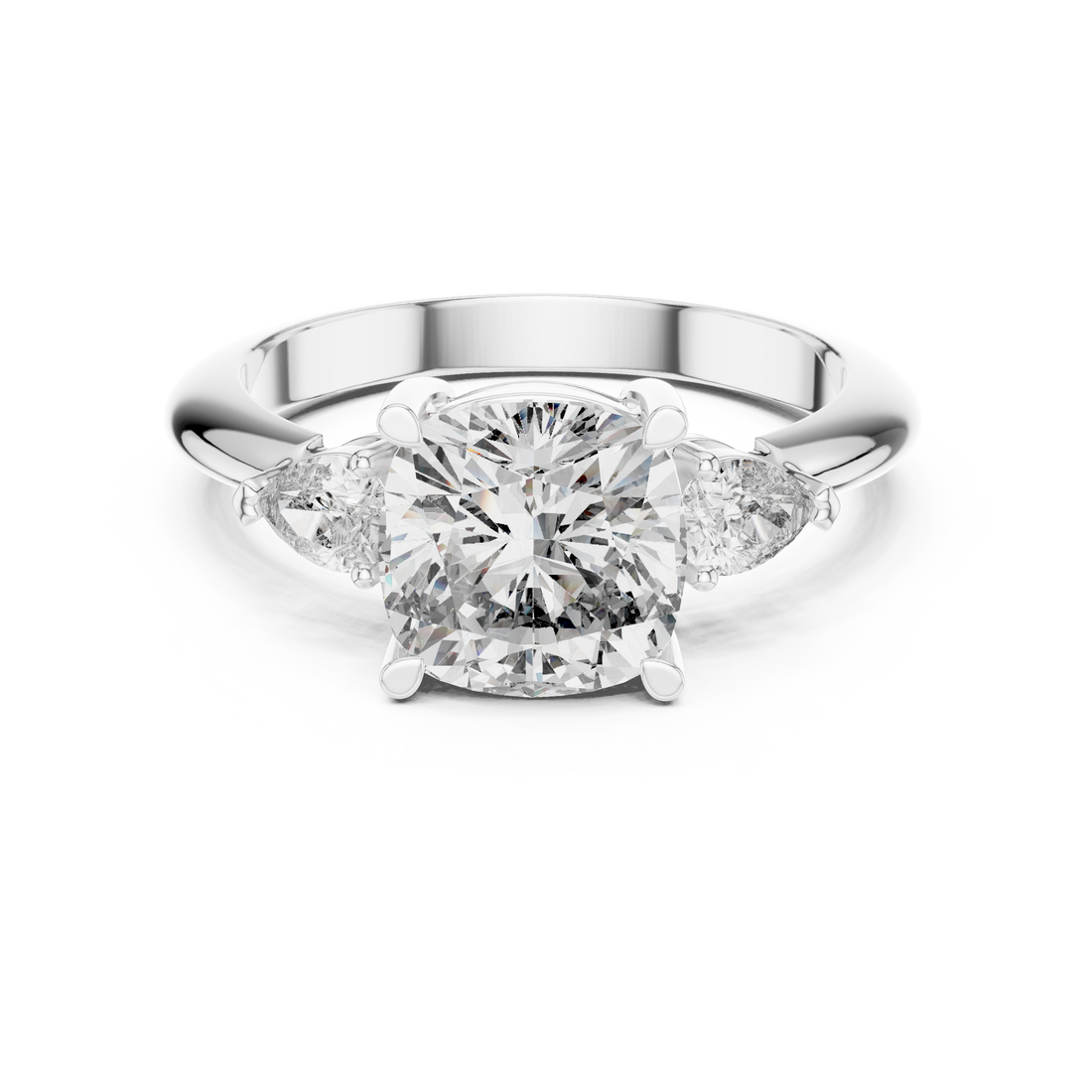 Cushion Square Cut Diamond Three Stone Ring with Pear Side Diamonds