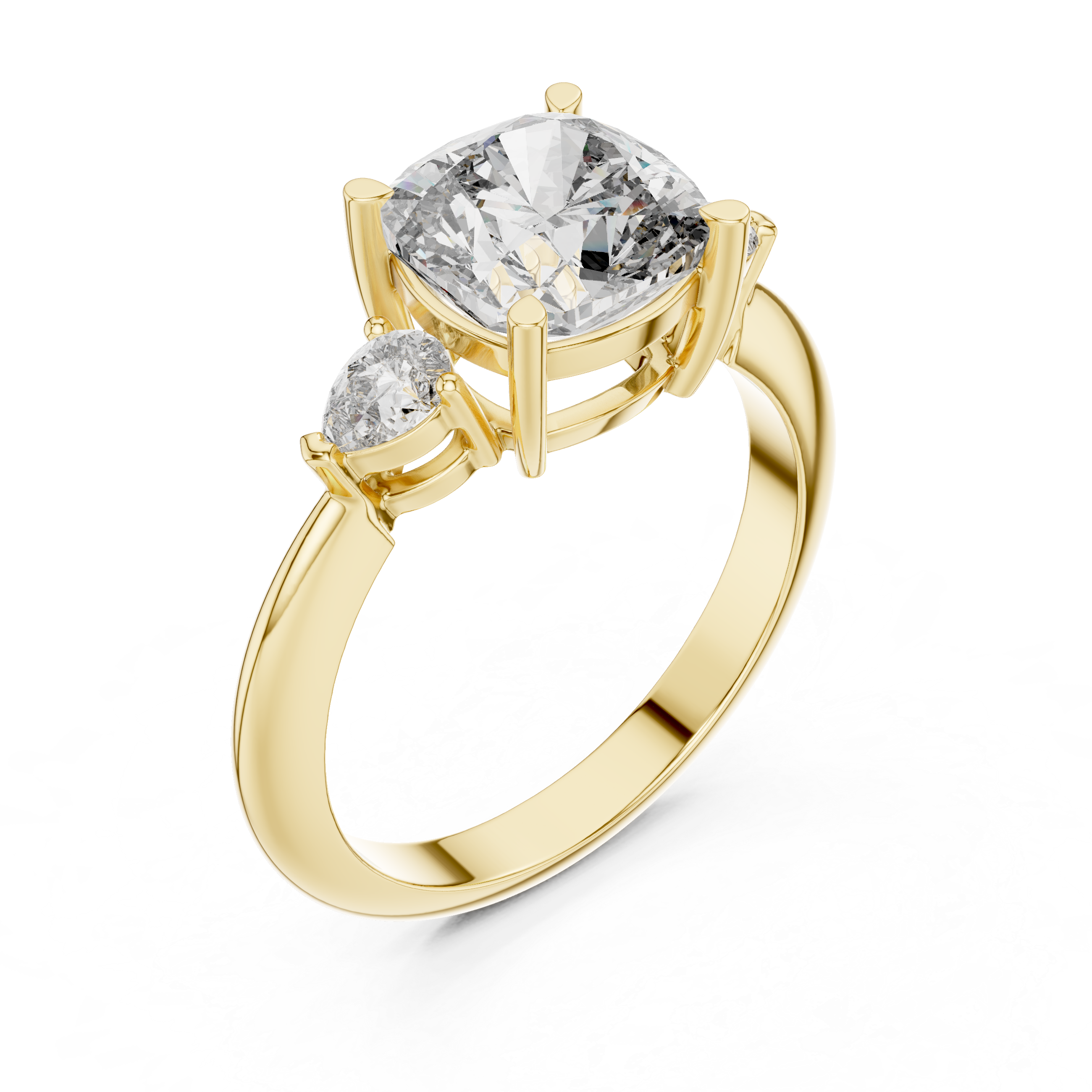 Cushion Square Cut Diamond Three Stone Ring with Pear Side Diamonds