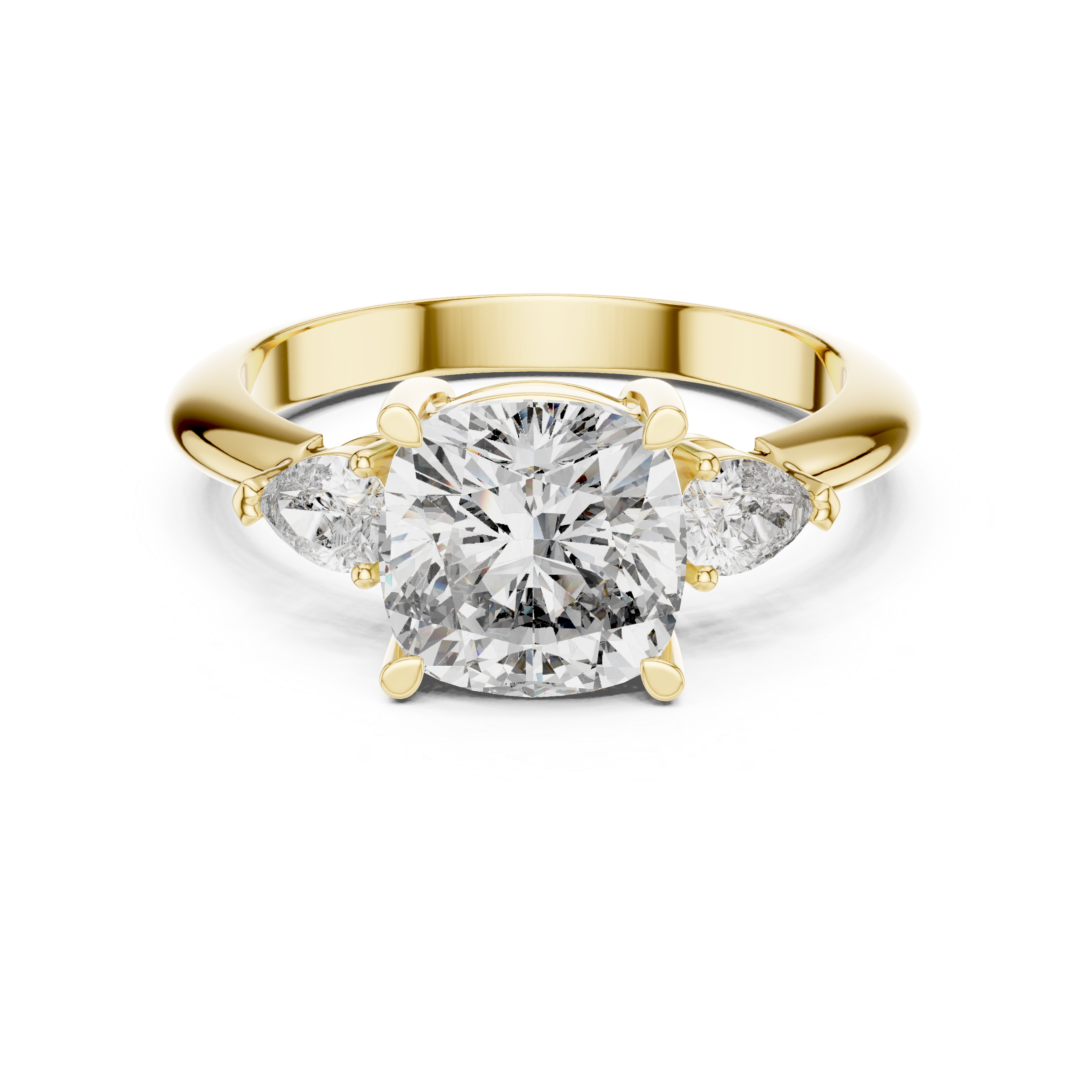 Cushion Square Cut Diamond Three Stone Ring with Pear Side Diamonds