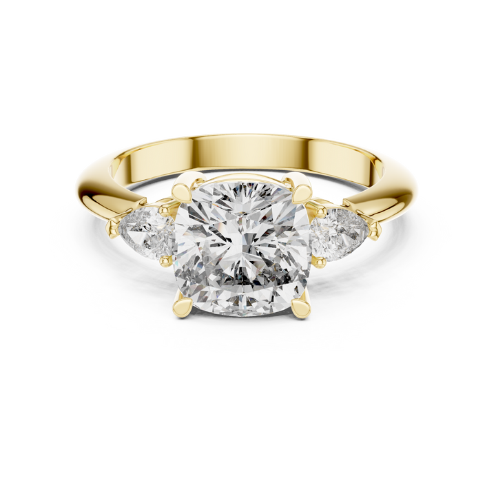Cushion Square Cut Diamond Three Stone Ring with Pear Side Diamonds