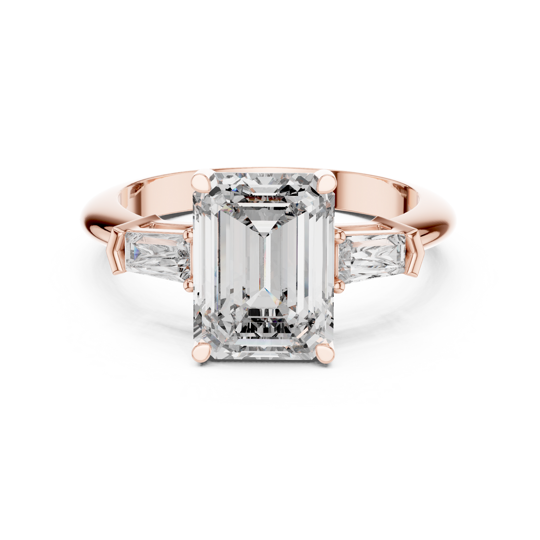 Emerald Cut Diamond Three Stone Ring with Baguette Side Diamonds