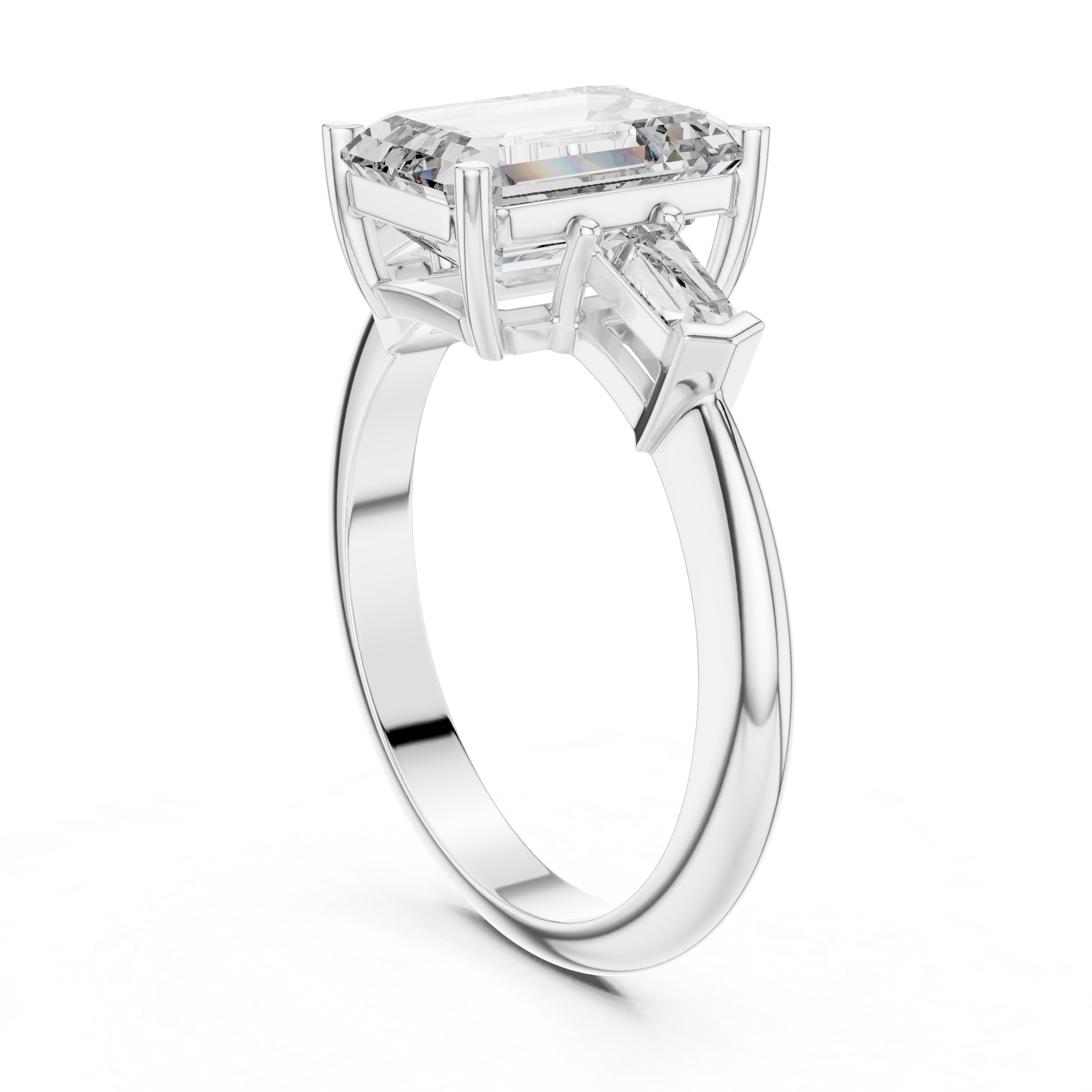 Emerald Cut Diamond Three Stone Ring with Baguette Side Diamonds