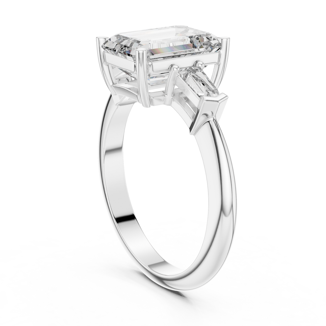 Emerald Cut Diamond Three Stone Ring with Baguette Side Diamonds