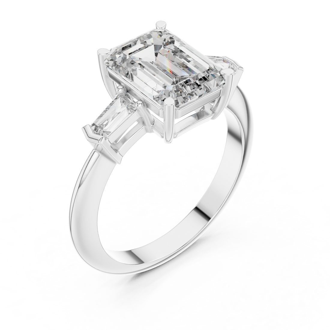 Emerald Cut Diamond Three Stone Ring with Baguette Side Diamonds