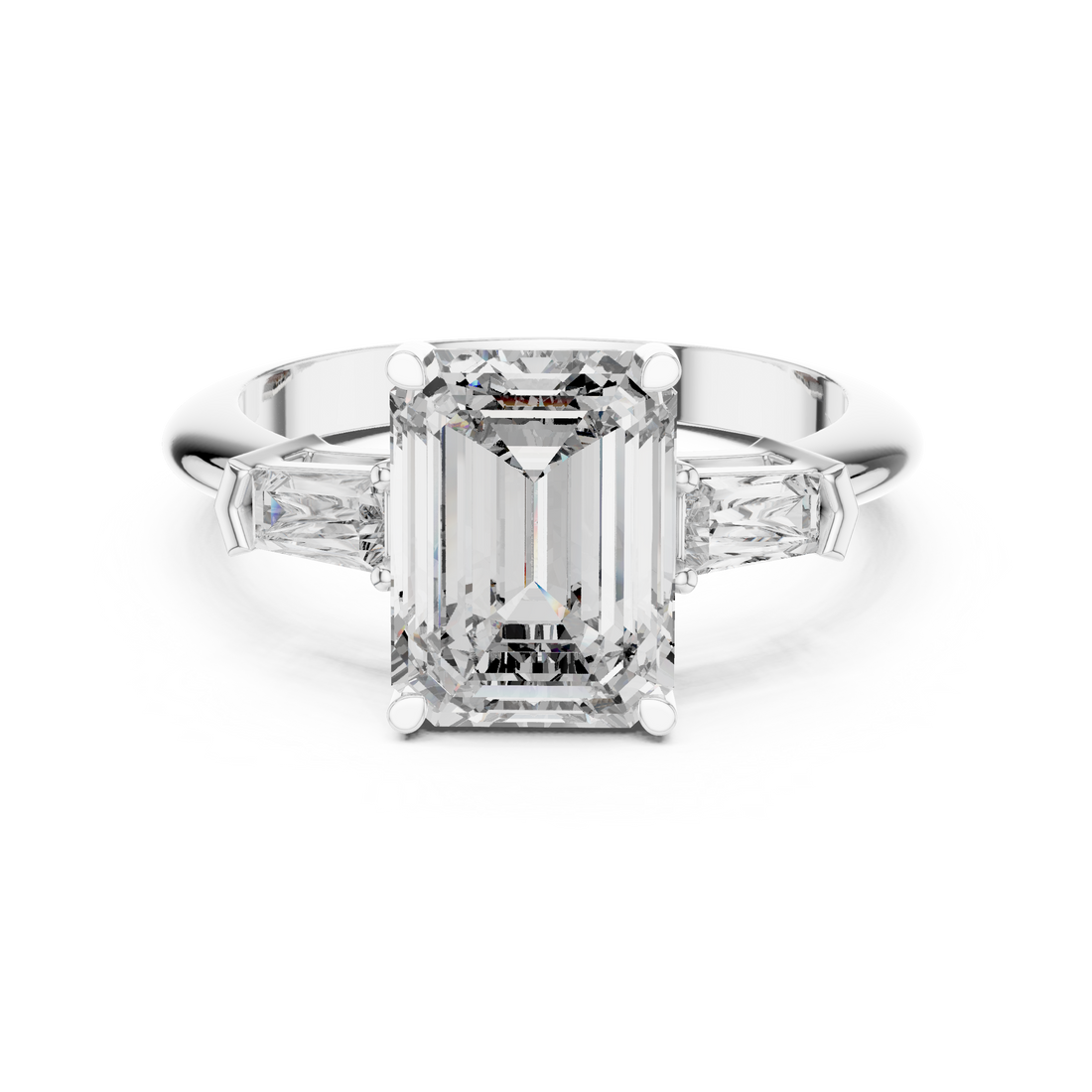 Emerald Cut Diamond Three Stone Ring with Baguette Side Diamonds