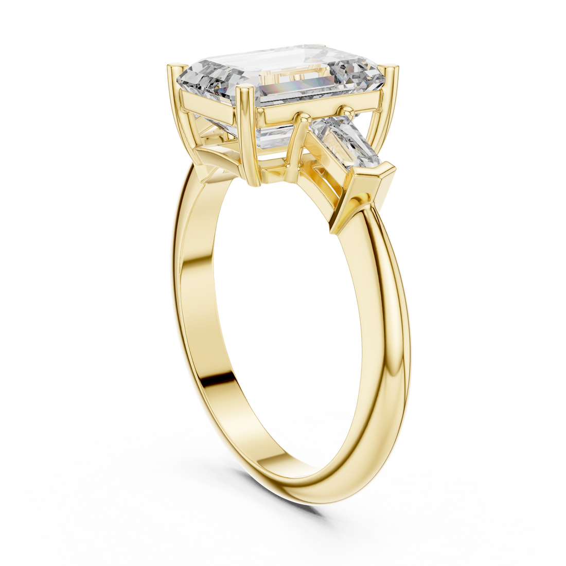 Emerald Cut Diamond Three Stone Ring with Baguette Side Diamonds