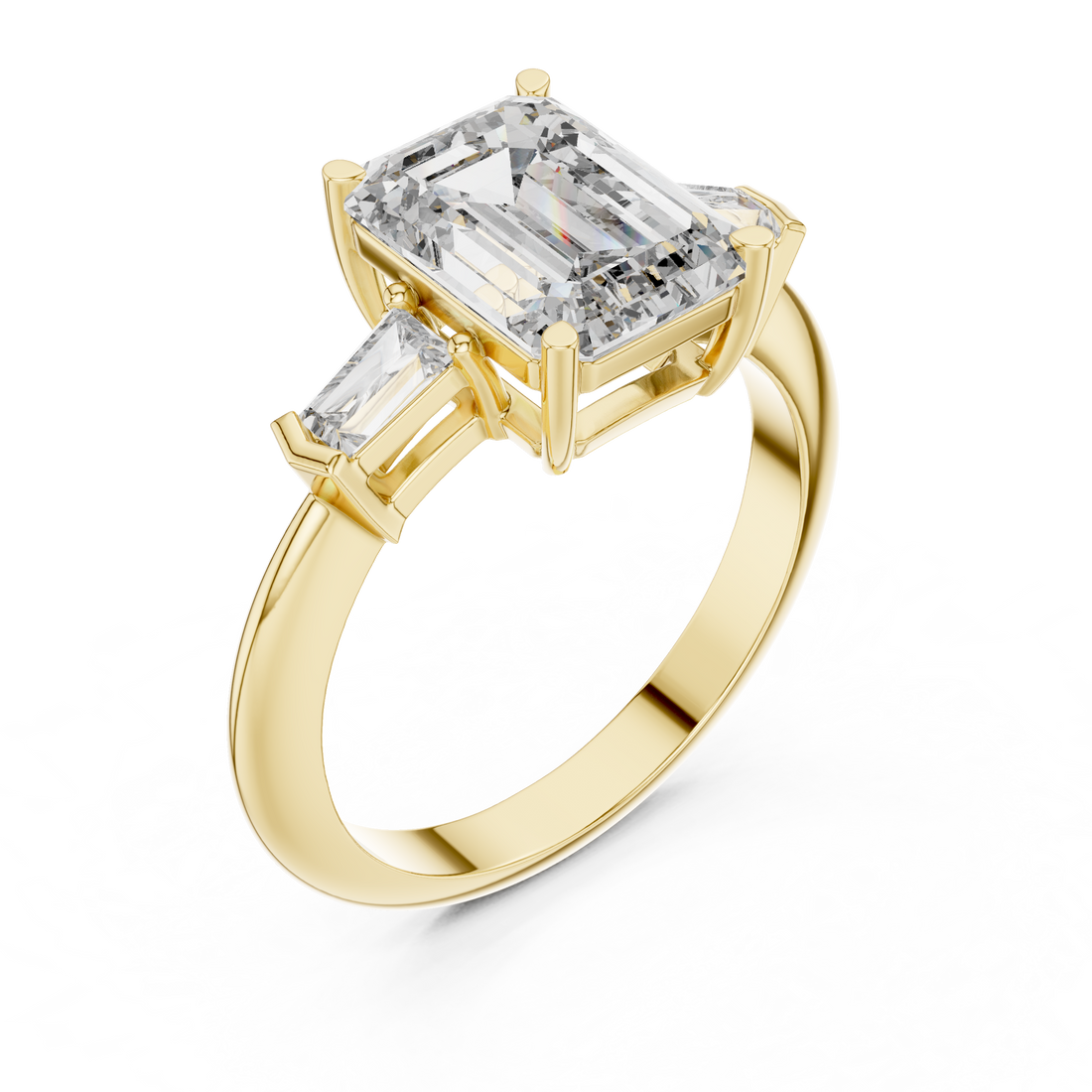 Emerald Cut Diamond Three Stone Ring with Baguette Side Diamonds