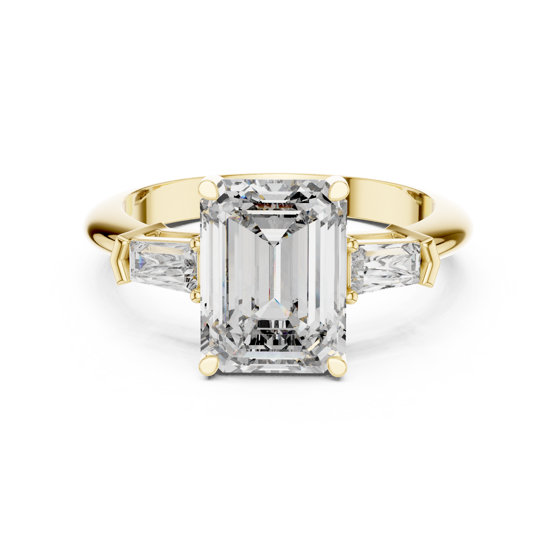 Emerald Cut Diamond Three Stone Ring with Baguette Side Diamonds