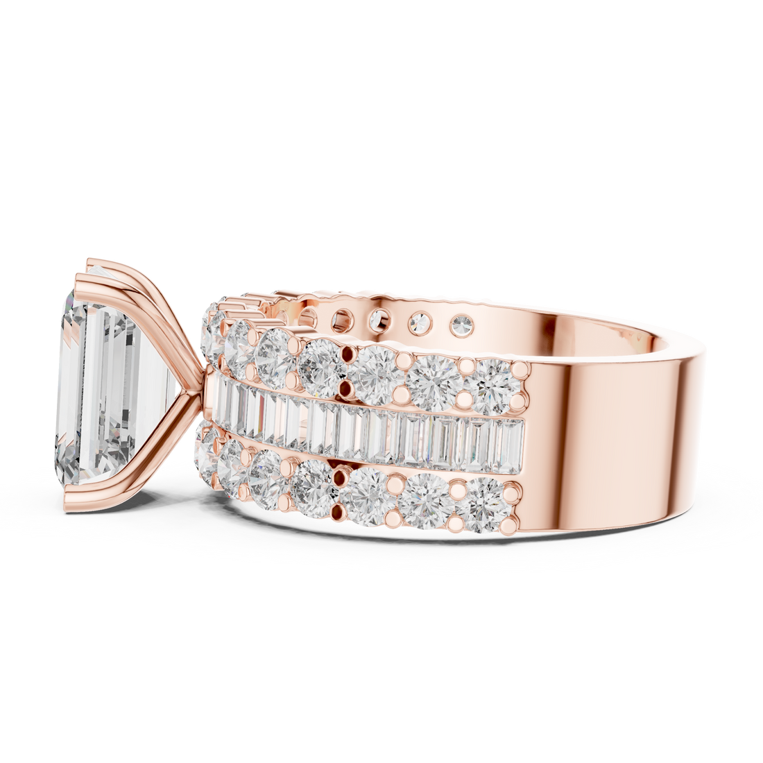 Emerald Cut Diamond Three Stone Ring with Double Row Band