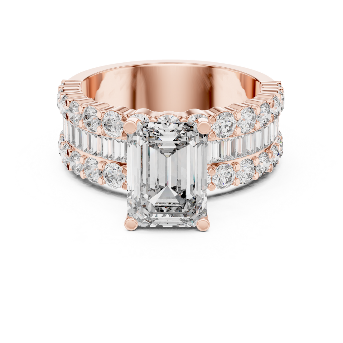 Emerald Cut Diamond Three Stone Ring with Double Row Band