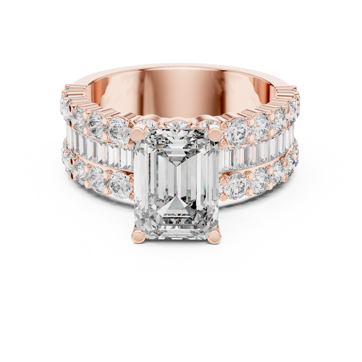 Emerald Cut Diamond Three Stone Ring with Double Row Band