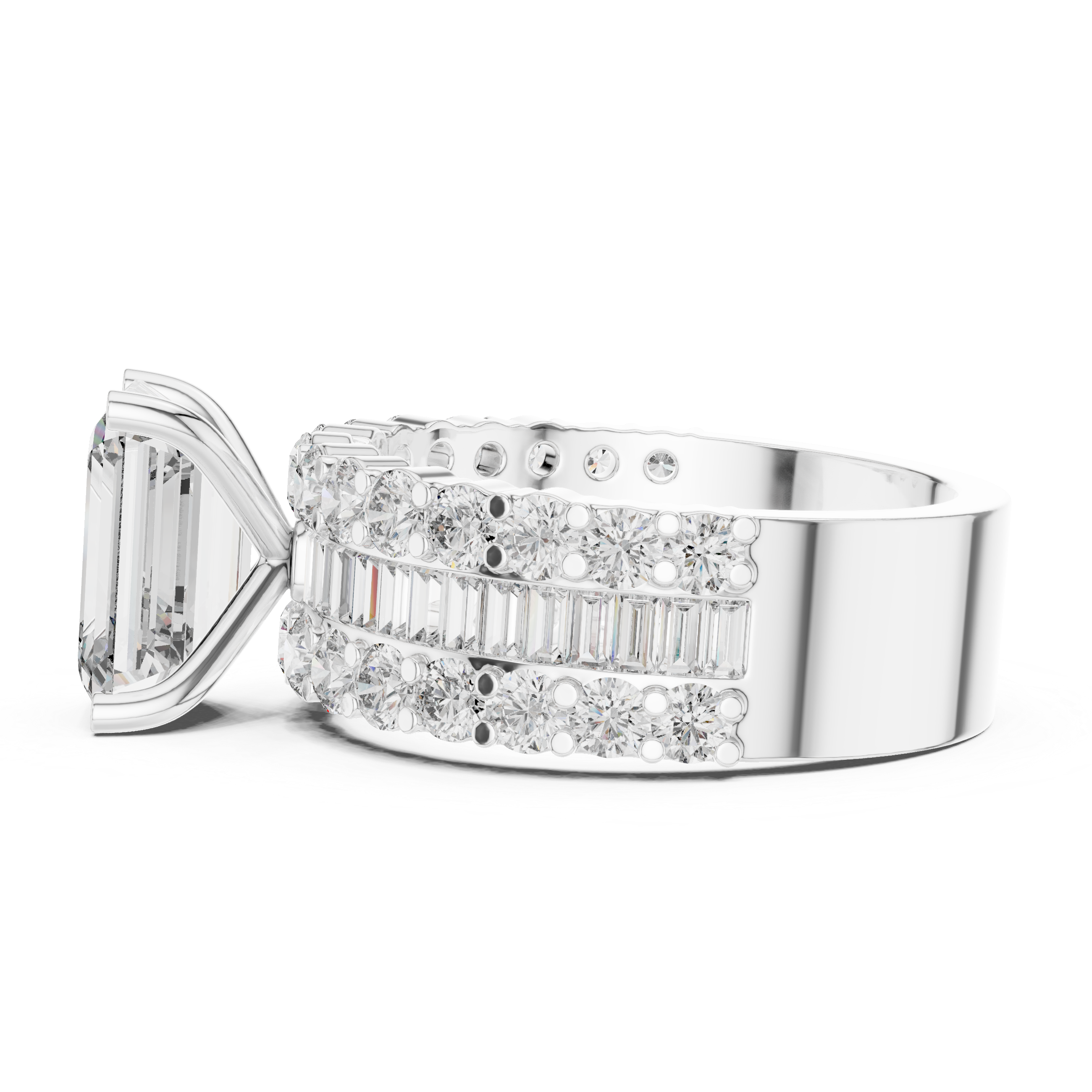 Emerald Cut Diamond Three Stone Ring with Double Row Band