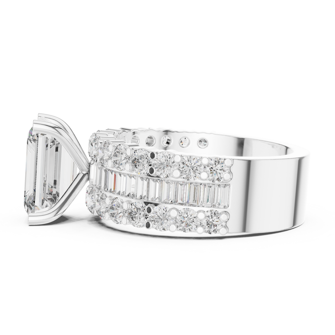 Emerald Cut Diamond Three Stone Ring with Double Row Band