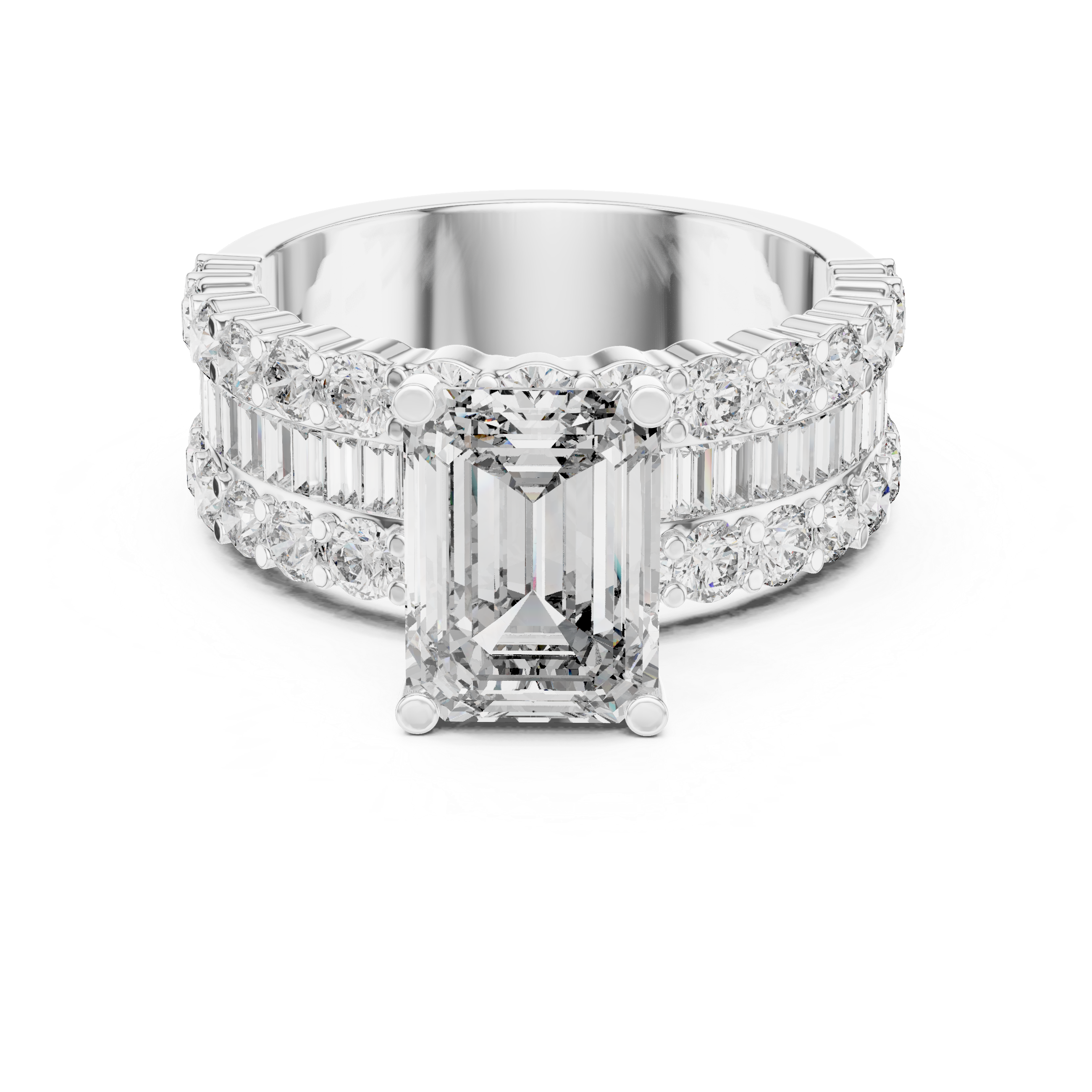 Emerald Cut Diamond Three Stone Ring with Double Row Band