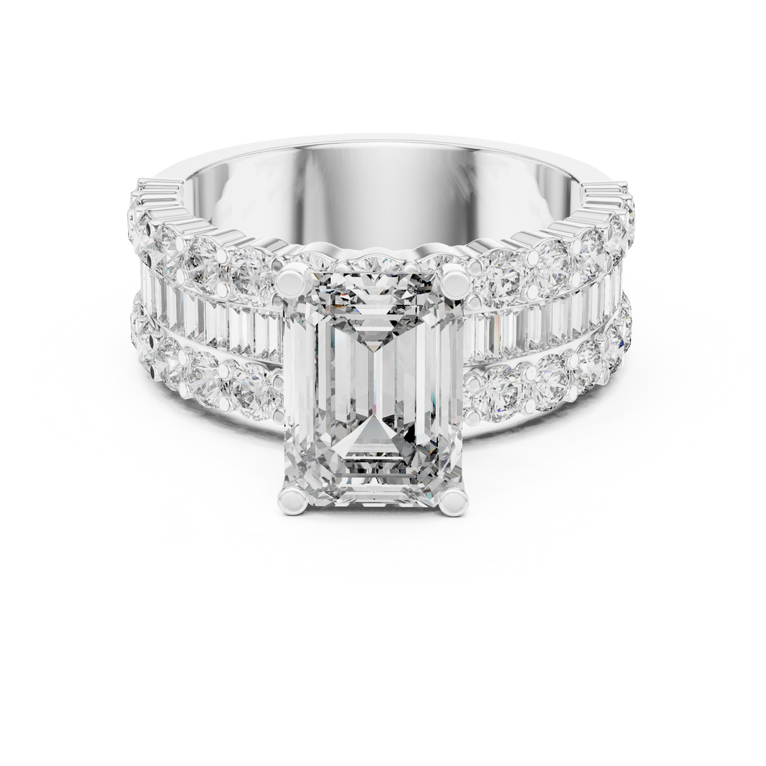 Emerald Cut Diamond Three Stone Ring with Double Row Band