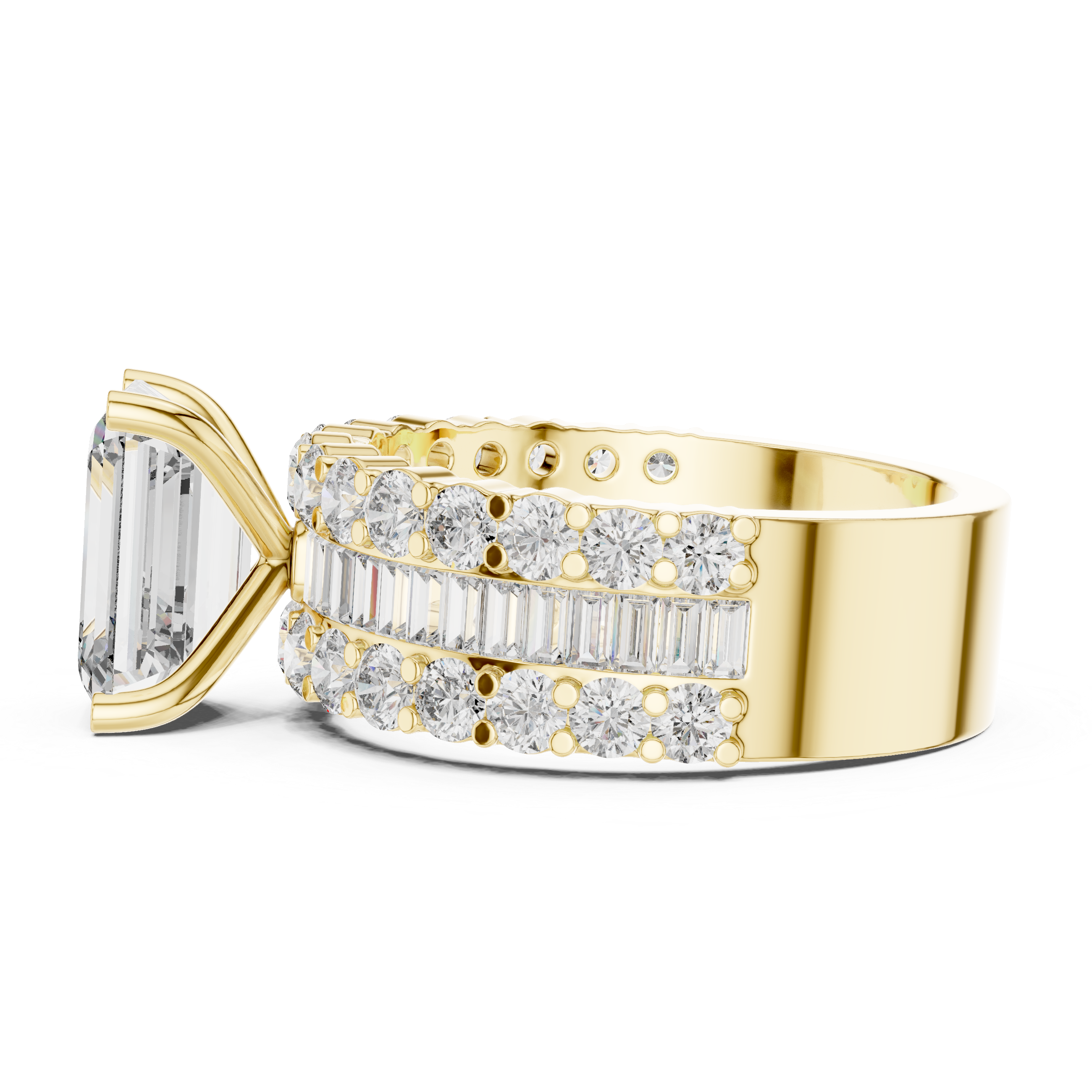 Emerald Cut Diamond Three Stone Ring with Double Row Band