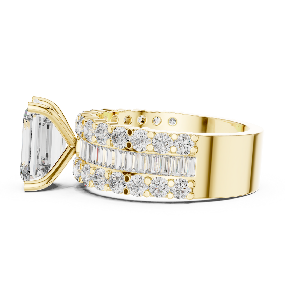 Emerald Cut Diamond Three Stone Ring with Double Row Band