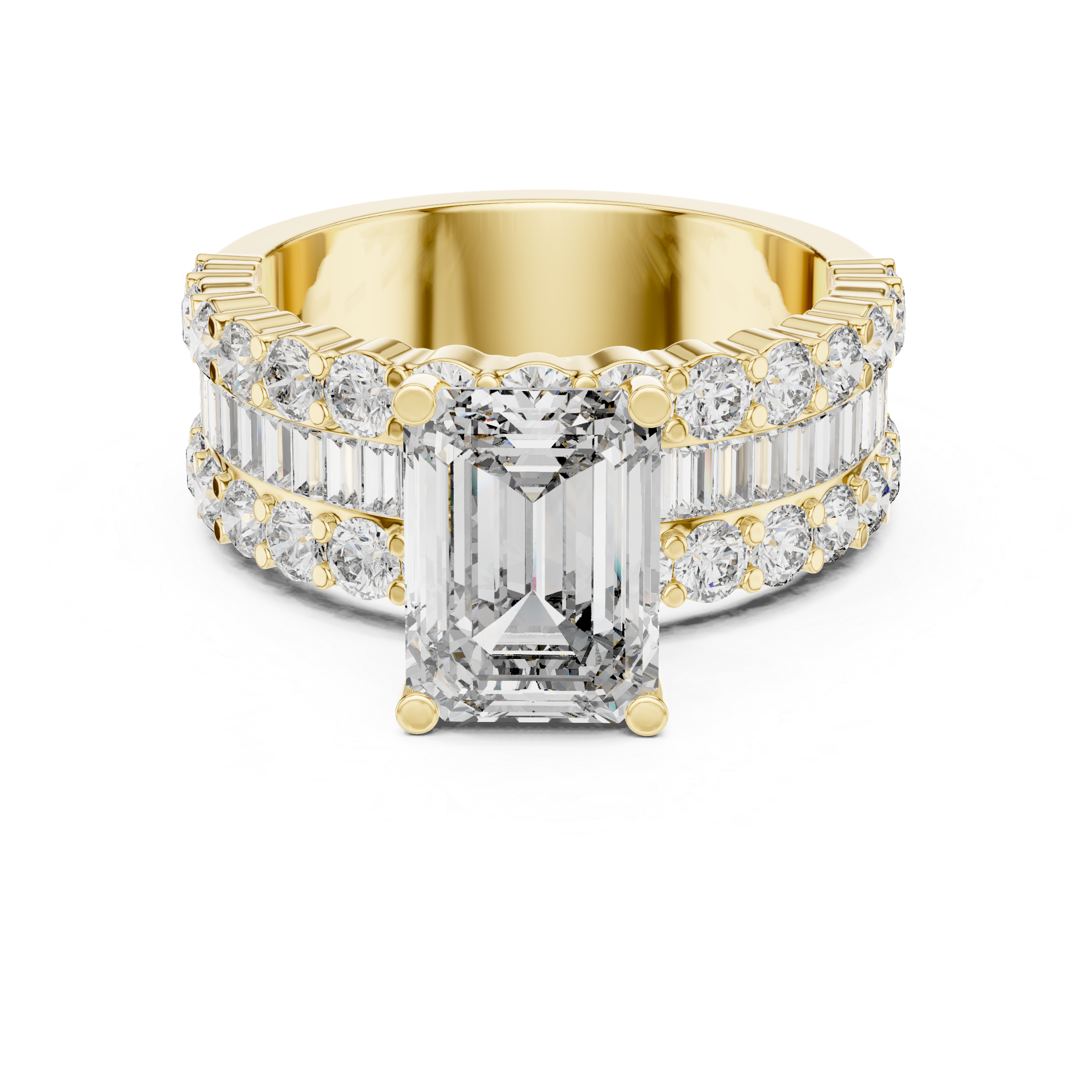 Emerald Cut Diamond Three Stone Ring with Double Row Band