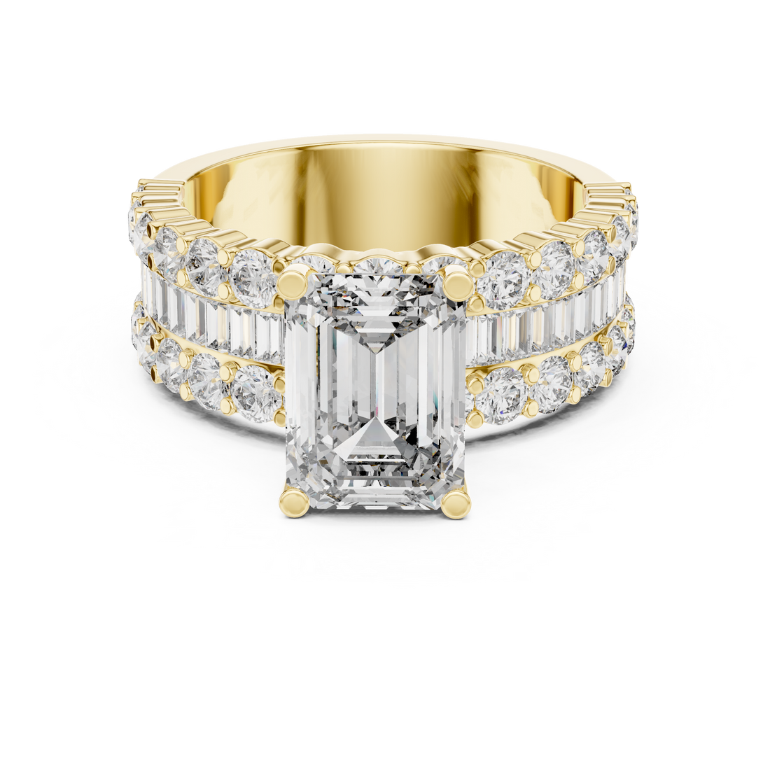 Emerald Cut Diamond Three Stone Ring with Double Row Band