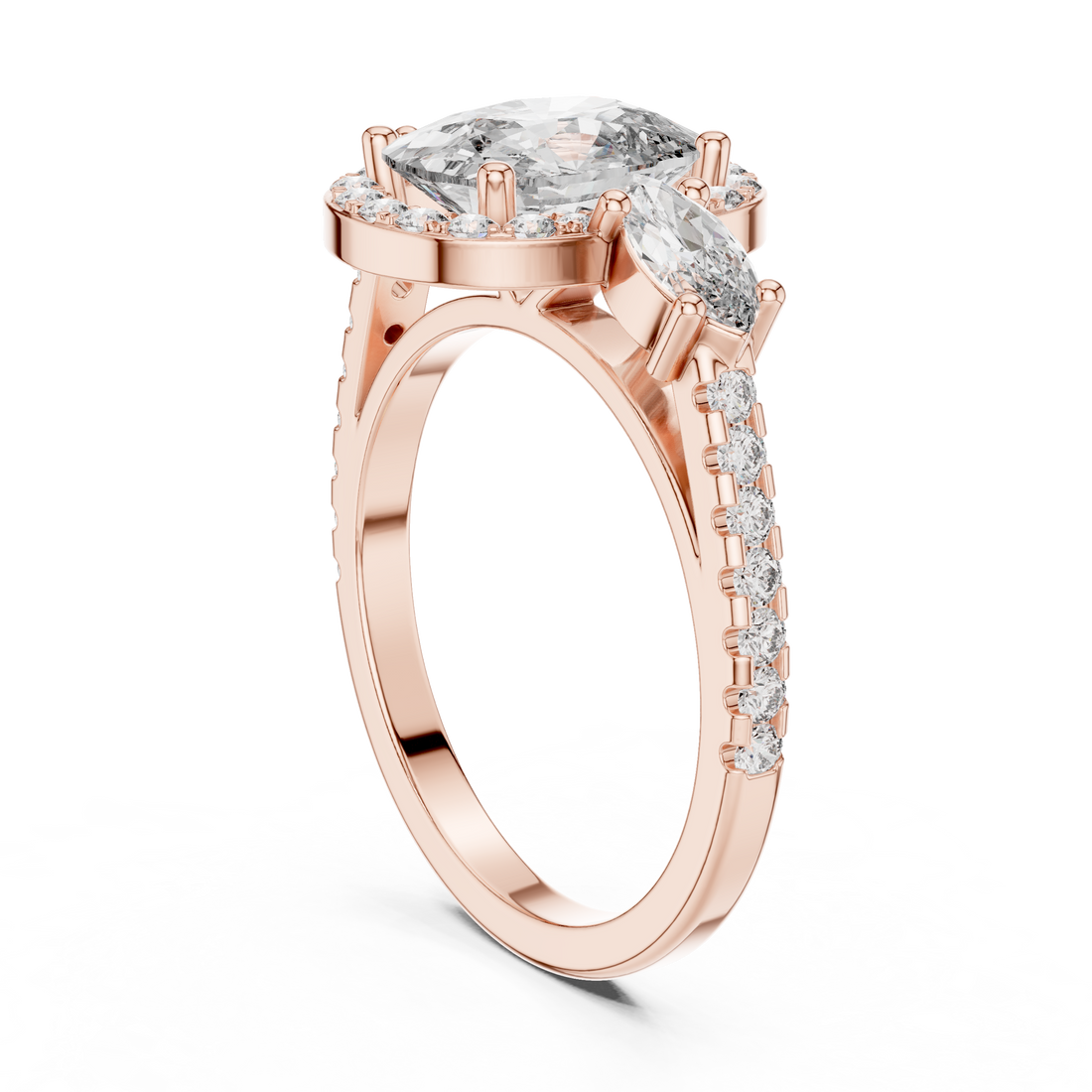 Cushio Diamond Halo Ring with Marquise Side Stones