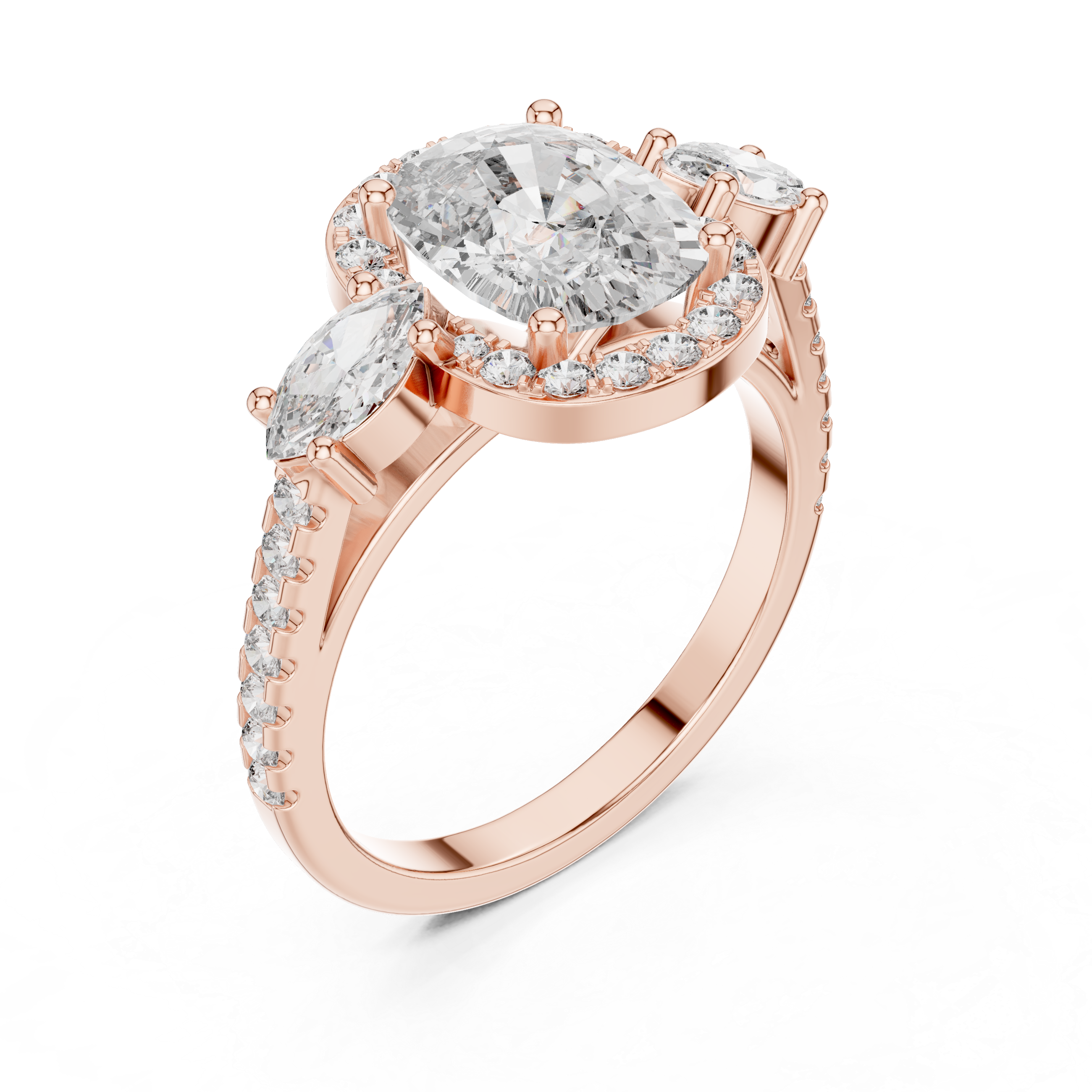 Cushio Diamond Halo Ring with Marquise Side Stones