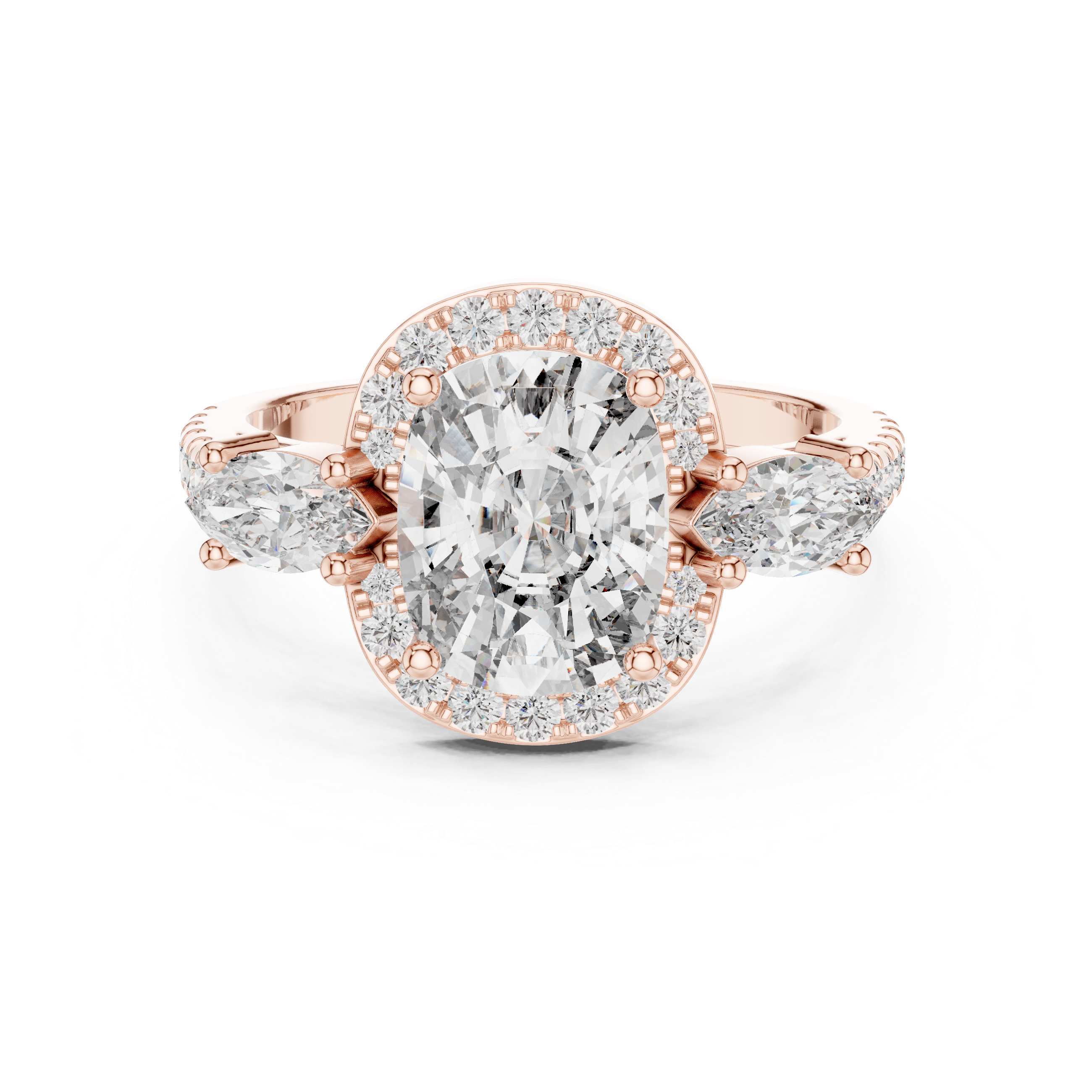 Cushio Diamond Halo Ring with Marquise Side Stones
