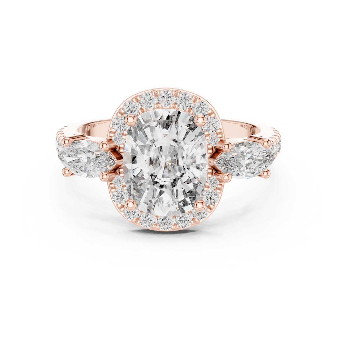 Cushio Diamond Halo Ring with Marquise Side Stones