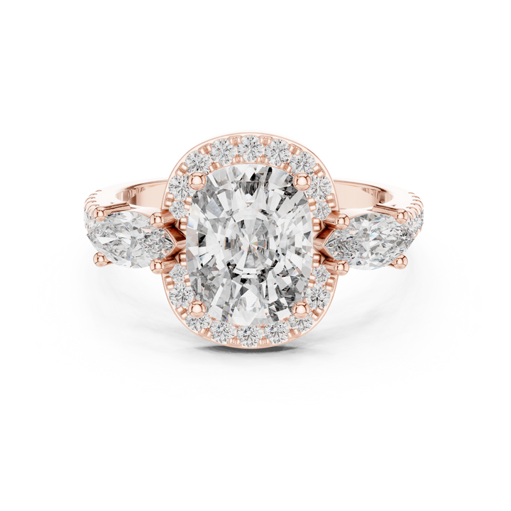 Cushio Diamond Halo Ring with Marquise Side Stones