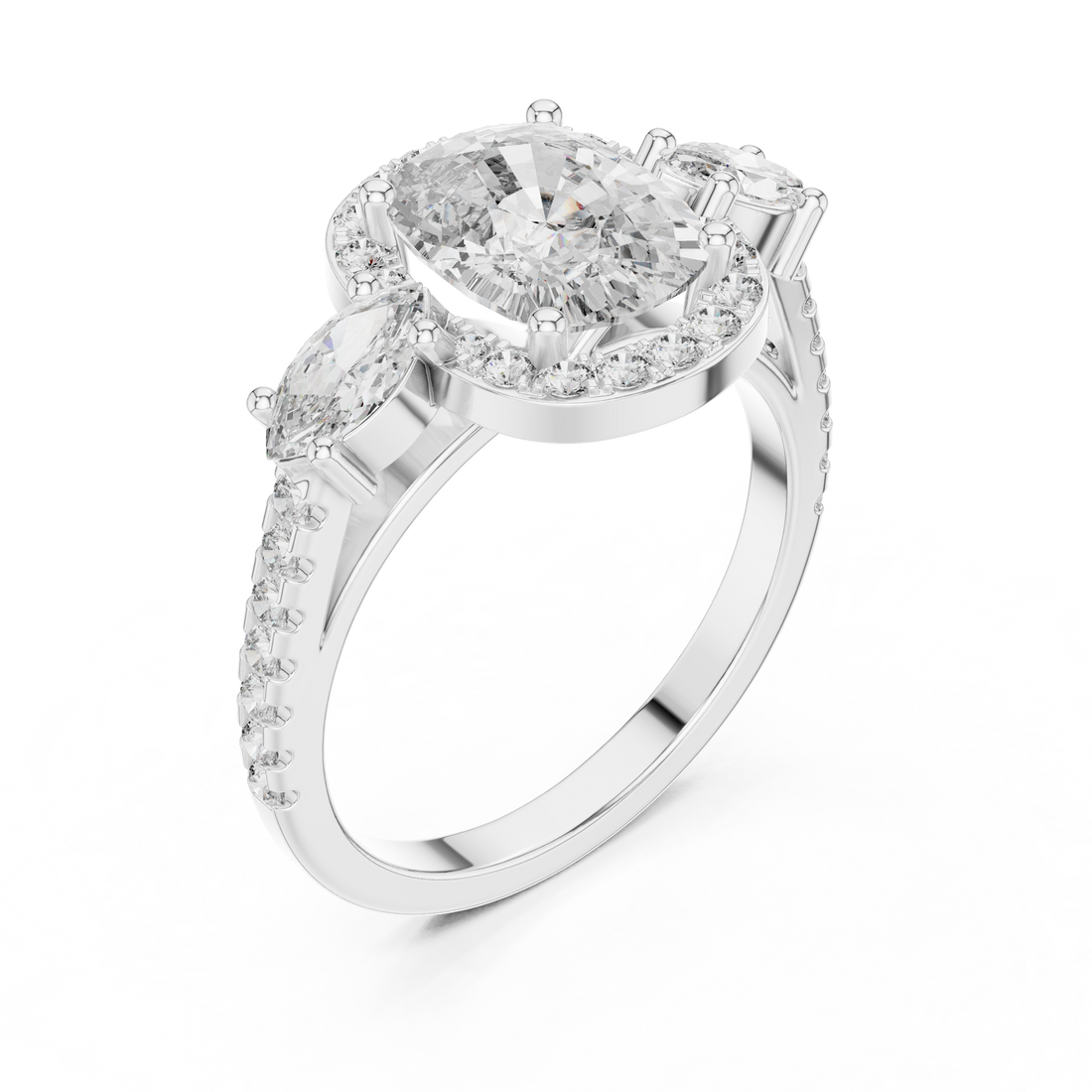 Cushio Diamond Halo Ring with Marquise Side Stones