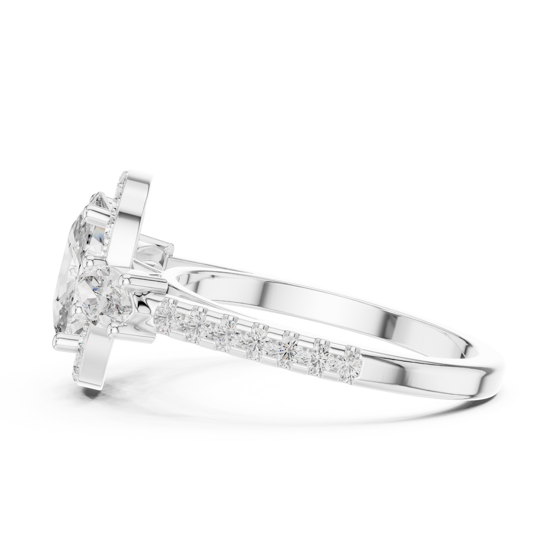 Cushio Diamond Halo Ring with Marquise Side Stones
