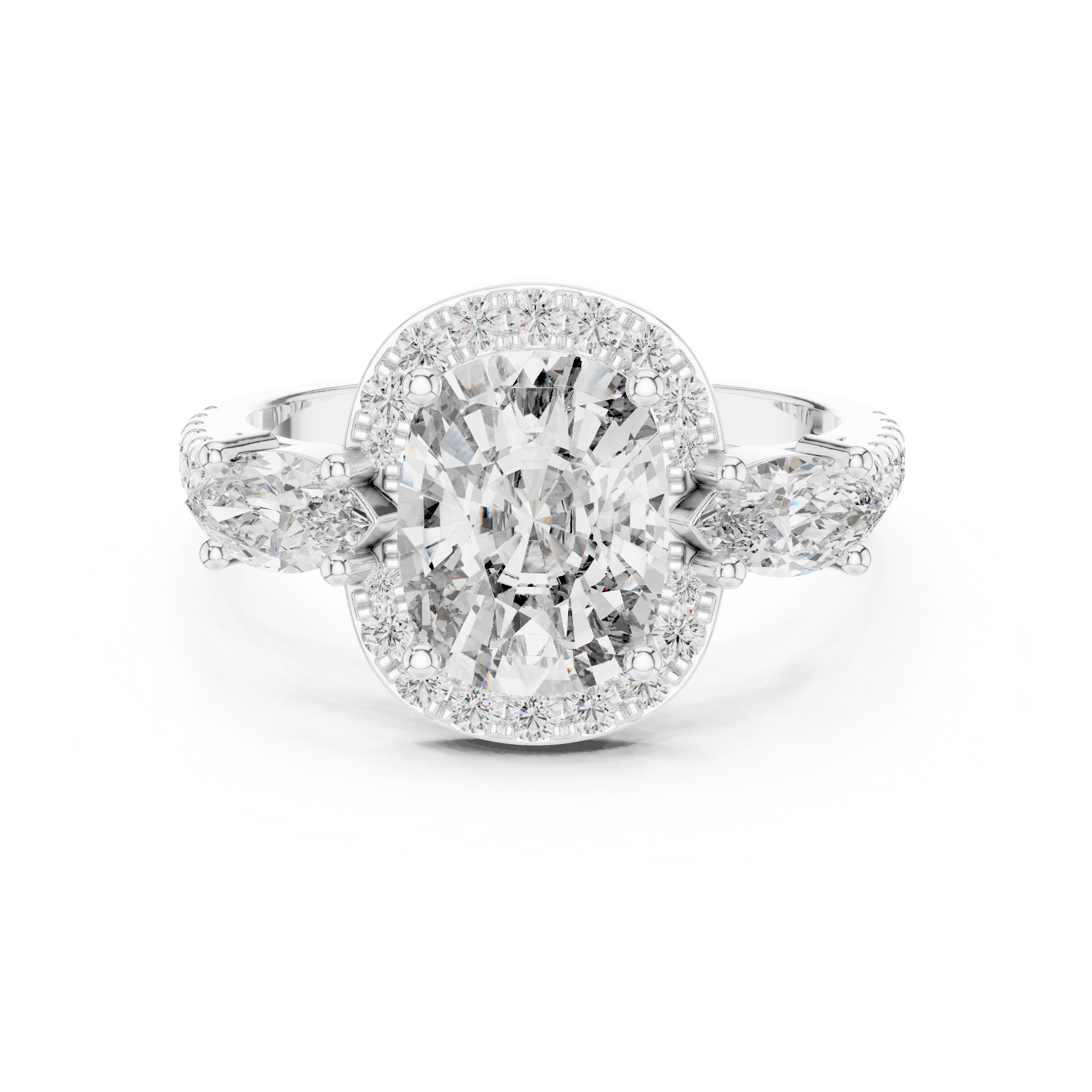 Cushio Diamond Halo Ring with Marquise Side Stones