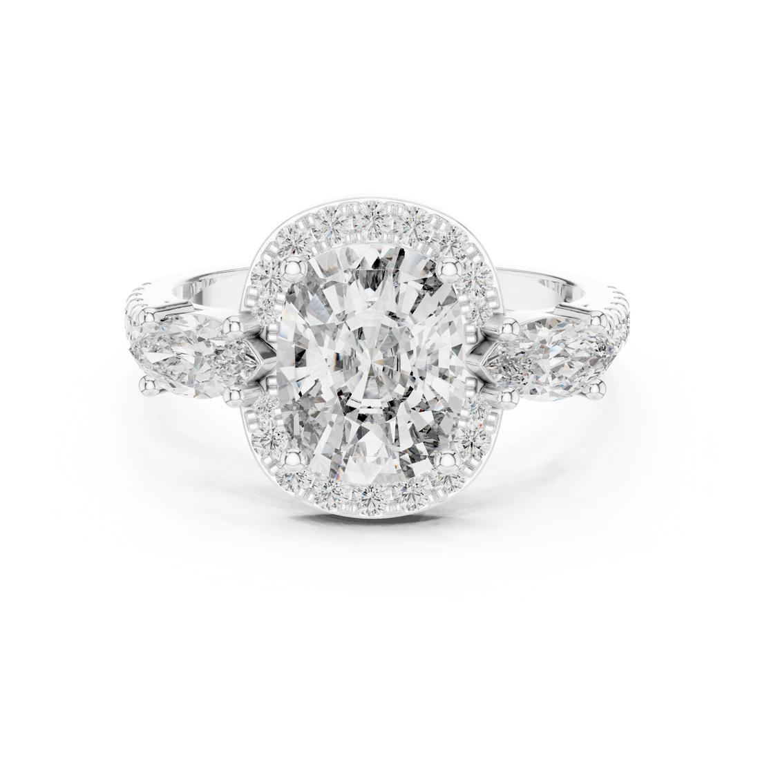 Cushio Diamond Halo Ring with Marquise Side Stones