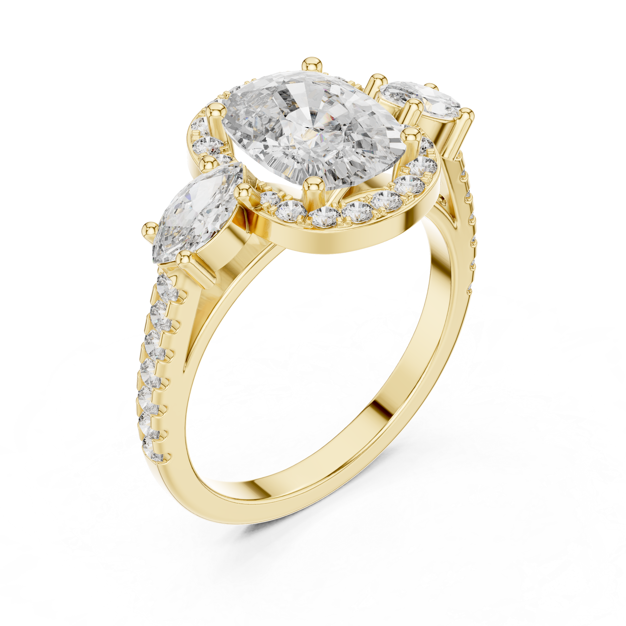 Cushio Diamond Halo Ring with Marquise Side Stones