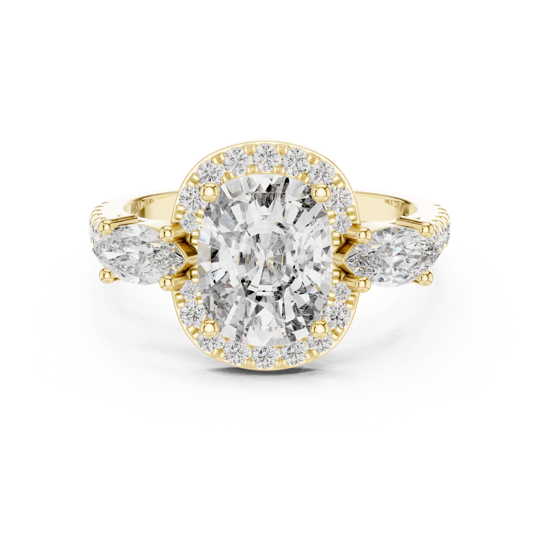 Cushio Diamond Halo Ring with Marquise Side Stones