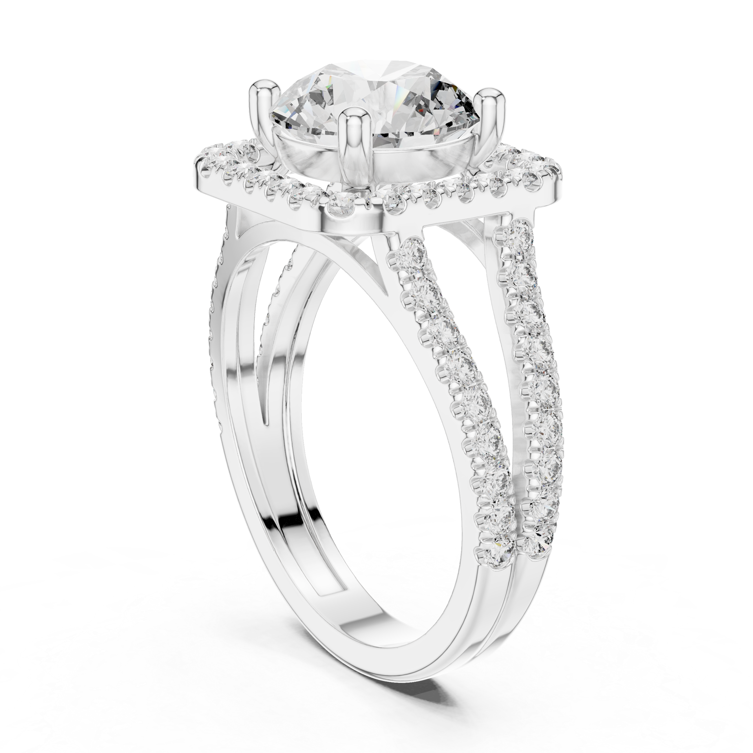 Round Cut Diamond Halo Split Shank Engagement Ring