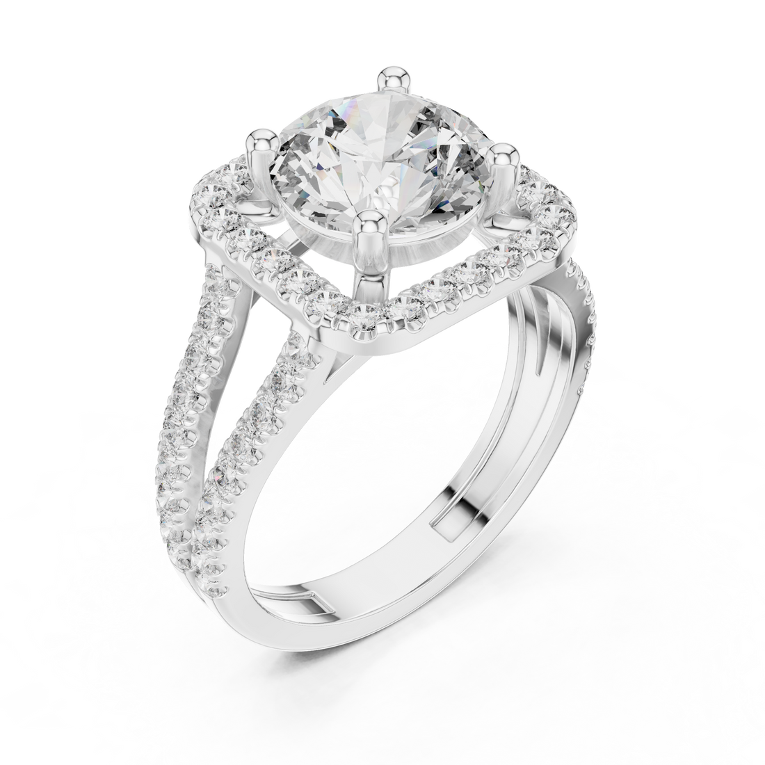 Round Cut Diamond Halo Split Shank Engagement Ring